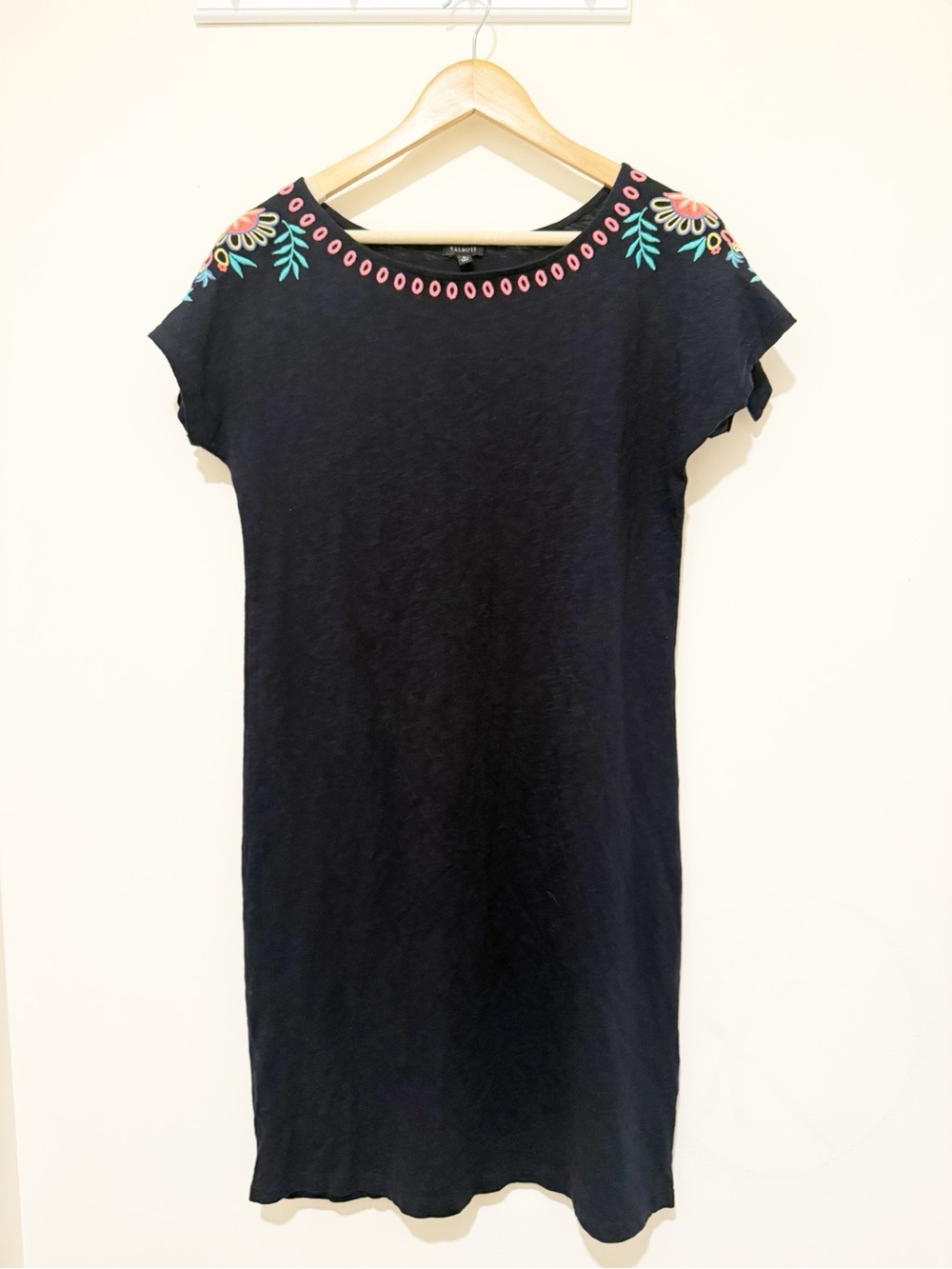 Talbots Navy Shift Dress with Colorful Embroidered Shoulders